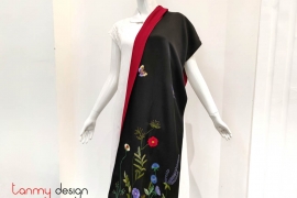 Black silk scarf hand-embroidered with wildflower garden